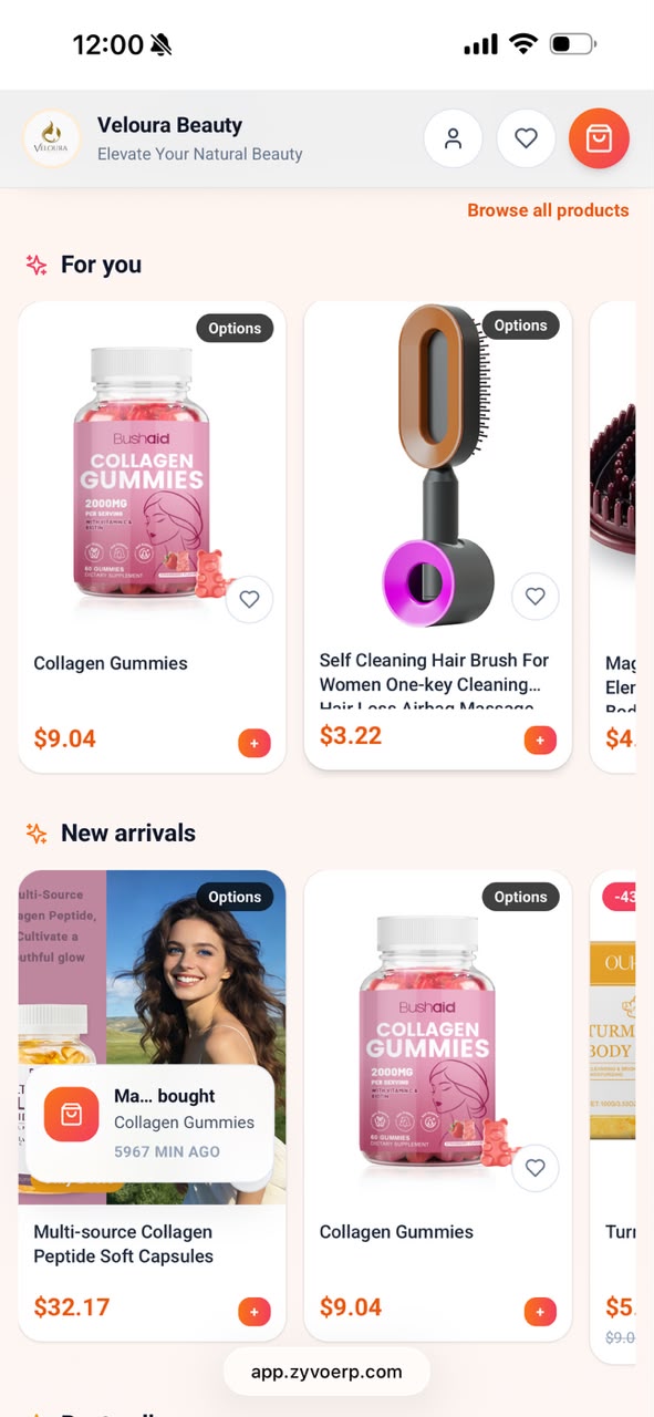 ZYVO mobile app — virtual store home page on smartphone for e-commerce shopping ZYVO mobile app — virtual store home page on smartphone for e-commerce shopping